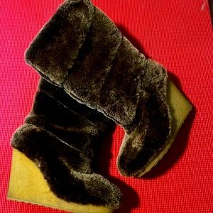 Tory Burch Kiki Shearling Wedge Heel Boots Tall Brown Pull On